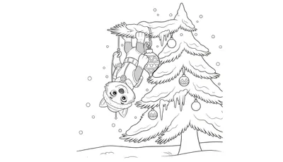 Zwart-wit kleurplaat van een husky met wintermuts die ondersteboven in een besneeuwde kerstboom hangt en een kerstbal vasthoudt, met sneeuwvlokken op de achtergrond.