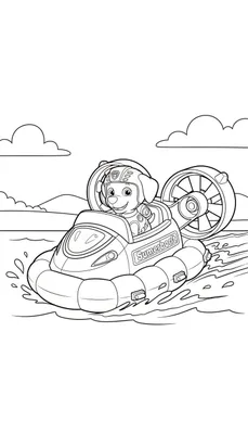 Kleurplaat van Zuma van Paw Patrol in een hovercraft ('Sumerboat') op water, met golven en bergen op de achtergrond. Zuma draagt een helm en glimlacht blij.