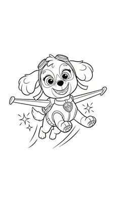 Kleurplaat van vliegende Skye van Paw Patrol met vliegbril en vliegpak, lachend, omringd door sterretjes en bewegingslijnen.