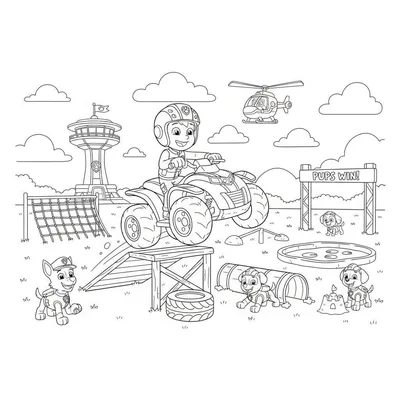 Kleurplaat van Paw Patrol met Ryder op zijn quad op een helling, omringd door pups die een trainingsparcours afleggen. Chase staat bij een klimnet, Rubble kruipt door een tunnel, en er is een finishboog en de Paw Patrol uitkijktoren te zien.