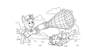Kleurplaat van Paw Patrol Chase die met netkanon Marshall vangt in een vrolijke buitenomgeving met gras en bomen.