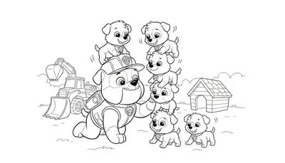 Zwart-wit kleurplaat van Rubble uit Paw Patrol, een bulldog met bouwvakkershelm, balancerend een puppy op zijn hoofd. Rechts een toren van vijf vrolijke puppy's. Op de achtergrond een graafmachine en een hondenhok in een buitenomgeving.