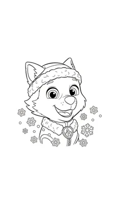 Kleurplaat van Everest de Paw Patrol pup in winterkleding met muts, kraag en sneeuwvlokken, breed lachend.