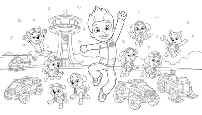 Paw Patrol kleurplaat met Ryder en alle pups (Chase, Skye, Rubble, Marshall, Rocky, Zuma, Everest/Tracker) in actie, voor de Lookout, met voertuigen en confetti.