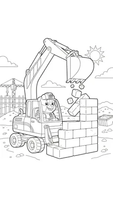 Kleurplaat van Rubble van Paw Patrol in een graafmachine, bouwblokken latend vallen op een bouwplaats onder de zon.