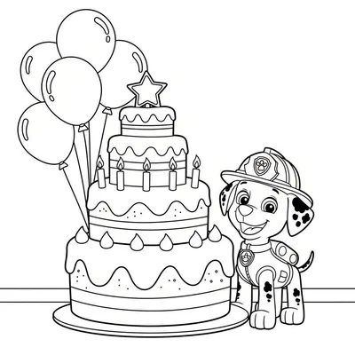 Kleurplaat van een lachende Marshall de dalmatiër (Paw Patrol) in brandweeruniform, naast een drielaagse verjaardagstaart met vijf kaarsjes en een ster, met ballonnen erboven.