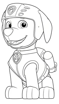 Zwart-wit kleurplaat van een vrolijke, lachende puppy in Paw Patrol-stijl (lijkt op Zuma), met speciale helm met pootafdruk en uniform met anker-embleem op zijn borst.