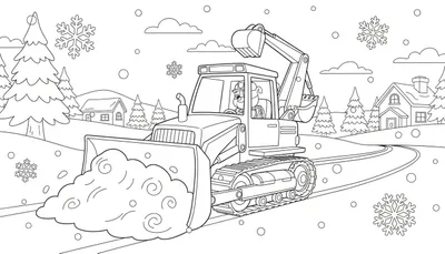 Zwart-wit kleurplaat van Rubble het hondje in een gecombineerde sneeuwschuiver-graafmachine in een besneeuwd winterlandschap met dennenbomen, huisjes en vallende sneeuwvlokken.