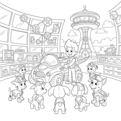 Kleurplaat van Paw Patrol met Ryder die een futuristisch vliegend voertuig presenteert aan de pups in een high-tech laboratorium met de Uitkijkpost op de achtergrond.