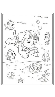 Zuma van Paw Patrol als duiker hond met vergrootglas, zoekend naar een schatkist op de zeebodem met vissen en zeepaardje in een onderwater kleurplaat.