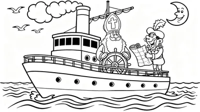 Zwart-wit kleurplaat van Sinterklaas en Zwarte Piet op een stoomboot. Sinterklaas staat aan het roer, Zwarte Piet houdt een lijst vast. De boot vaart op golvend water onder wolken, vogels en een lachende maansikkel.