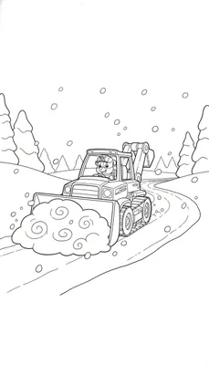 Zwart-wit kleurplaat van Rubble van Paw Patrol in een sneeuwschuiver die sneeuw ruimt op een bochtige weg, omringd door besneeuwde dennenbomen en vallende sneeuwvlokken.