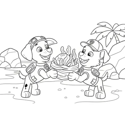 Kleurplaat van Paw Patrol pups Rubble en Marshall op een strand, die samen een mand met een mysterieus warm object vasthouden, met rotsen en palmboom op de achtergrond. Zuma-thema.