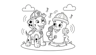Zwart-wit kleurplaat van een vrolijke dalmatiër brandweerhond (lijkt op Marshall) met helm en uniform, die naar een zingende brandkraan met microfoon kijkt. Muzieknoten, wolken en gras zijn zichtbaar.