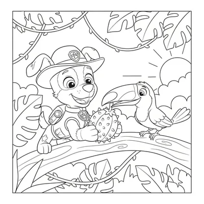 Kleurplaat van Paw Patrol's Tracker in de jungle, lachend met een exotische, stekelige vrucht, terwijl een toekan nieuwsgierig toekijkt vanaf een tak. De zon schijnt door tropische bladeren.