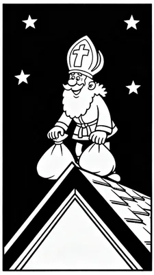 Zwart-witte kleurplaat van Sinterklaas op een dak met twee volle cadeautjeszakken, tegen een zwarte nachthemel met sterren, in cartoonstijl.
