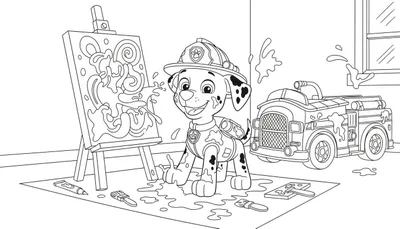 Zwart-wit kleurplaat van Marshall uit Paw Patrol als een blije, met verf besmeurde kunstenaar in een rommelige studio. Hij draagt zijn brandweerhelm en uitrusting, lacht en staat in een plas verf. Rondom liggen verfspullen, een schildersdoek en op de achtergrond zijn besmeurde brandweerwagen.