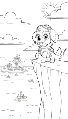 Skye van Paw Patrol, glimlachend en met vliegbril op, staat op een hoge klif met uitzicht op zee, zon, wolken, boten en een eiland met uitkijktoren.