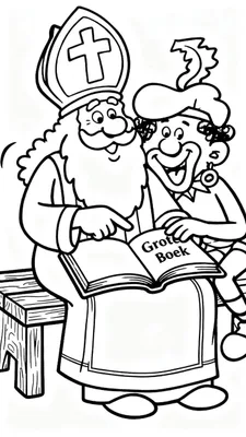 Kleurplaat van Sinterklaas en Zwarte Piet zittend op een bankje, waarbij Sinterklaas met zijn vinger wijst in het 'Grote Boek'.