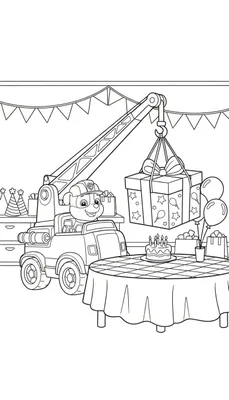 Kleurplaat van Rubble van Paw Patrol in zijn kraanwagen die een verjaardagscadeau hijst, met een feesttafel vol taart en cadeaus op de voorgrond.