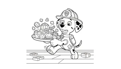 Kleurplaat van Marshall van Paw Patrol, brandweerhond, met helm, die verbaasd rent en een dienblad vol vliegende snacks (popcorn, koekjes, sandwich) vasthoudt.