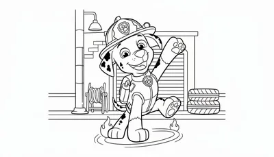 Kleurplaat van Marshall Paw Patrol, een vrolijke Dalmatiër brandweerpuppy die lachend een brandje blust met een brandblusser voor een brandweerkazerne.