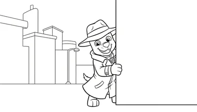 Kleurplaat: Vrolijke cartoonhond Chase als detective, met fedora en trenchcoat, glurend vanachter een leeg wit rechthoek. Op de achtergrond een vereenvoudigd stadsgezicht met gebouwen en een straatlantaarn.