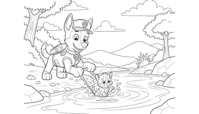 Zwart-witte kleurplaat van Chase van Paw Patrol in politie-uniform die een kitten uit een rivier redt met een stok, omringd door bomen, rotsen en bergen.