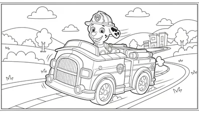 Zwart-wit kleurplaat van Marshall uit Paw Patrol in zijn brandweerwagen, rijdend op een bochtige weg met heuvels, gebouwen en wolken op de achtergrond.
