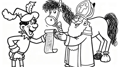 Zwart-wit kleurplaat van een vrolijke Piet die een opgerolde lijst aan een lachende Sinterklaas overhandigt, met paard Amerigo aandachtig toekijkend en twee cadeautasjes op de grond.