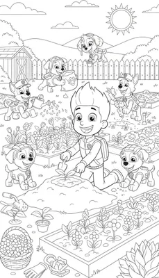 Ryder en de Paw Patrol pups tuinieren samen in een zonnige tuin. Ryder plant, Rocky geeft water, Rubble draagt zaden, Skye vliegt met een gieter, Chase werkt in een tuinbed, en Marshall kijkt toe.