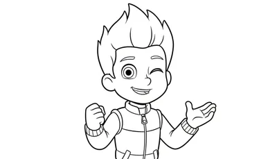 Kleurplaat van Ryder van Paw Patrol, glimlachend met stekelig haar, knipoogt met zijn rechteroog en draagt een jasje.