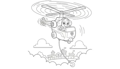 Zwart-wit kleurplaat van Paw Patrol's Skye in haar helikopter met draaiende rotoren en een haak, vliegend boven wolken en een stadje.