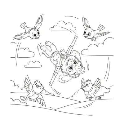Kleurplaat van Paw Patrol's Skye die ondersteboven in de lucht zweeft met vlieguitrusting, omringd door vier blije vogels, boven een golvend landschap met wolken.
