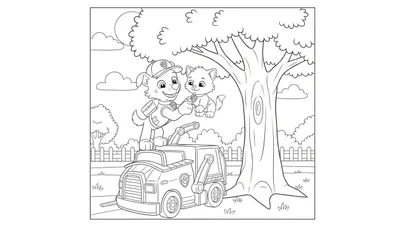 Zwart-wit kleurplaat van Rocky van Paw Patrol op zijn recyclingwagen, die met een glimlach een poesje begroet in een buitenomgeving met boom, wolken, hek en gras.