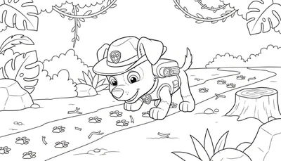 Kleurplaat van Tracker de hond (Paw Patrol) met safarihoed en rugzak, lachend en speurend op een pad vol pootafdrukken in een gedetailleerde jungleomgeving met tropische planten, rotsen en lianen.