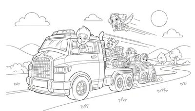 Paw Patrol kleurplaat met Ryder in een vrachtwagen, Chase en Rubble in hun voertuigen op de laadbak, en Skye vliegend boven een landschap met heuvels en bomen.
