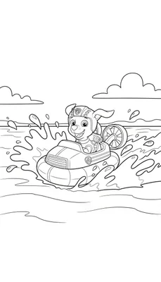 Kleurplaat van Zuma (Paw Patrol) in een lachende houding met helm, in een hovercraft op spetterend water met wolken.