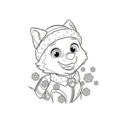 Kleurplaat van Everest, de vrolijke husky uit Paw Patrol, in wintermuts en jas met sneeuwvlokken.