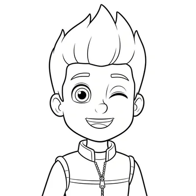 Zwart-wit lijntekening van Ryder, een vrolijke jonge jongen met stekelig haar, breed glimlachend en knipogend met zijn rechteroog, gekleed in een jasje met opstaande kraag en rits. Deze heldere tekening is bedoeld als kleurplaat.