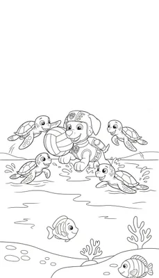 Zwart-wit kleurplaat van lachende hond Zuma in duikpak met volleybal, omringd door vijf blije zeeschildpadjes en vissen in een vrolijke onderwaterscène.