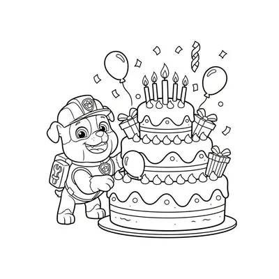 Kleurplaat van Rubble van Paw Patrol met een drielaagse verjaardagstaart met vijf kaarsjes, cadeaus en ballonnen.