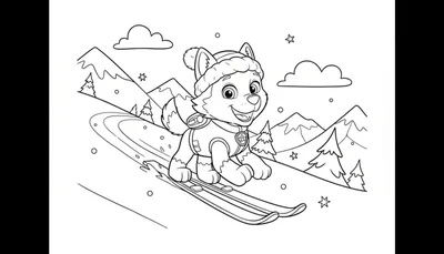Zwart-wit kleurplaat van Paw Patrol's Everest die skiet op een besneeuwde berg, met wintermuts en ski-uitrusting, omringd door dennenbomen en wolken.