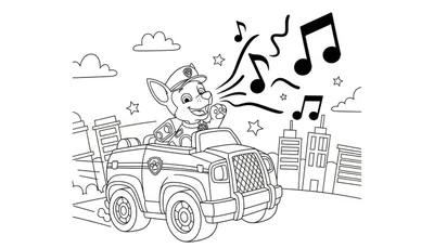 Zwart-wit kleurplaat van Paw Patrol pup Chase in zijn politievoertuig, met politiepet, lachend en een poot omhoog. Uit zijn mond komen muzieksymbolen en golvende lijnen, omringd door sterretjes. Op de achtergrond zijn gestileerde stadsgebouwen, wolken en sterren te zien.