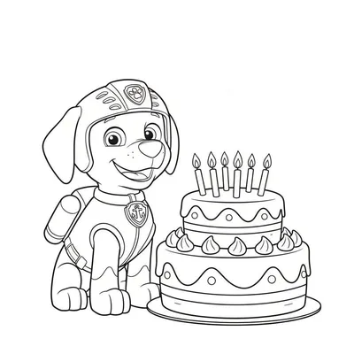 Kleurplaat van Zuma (Paw Patrol) met duikhelm en anker-badge, zittend naast een tweelaagse verjaardagstaart met zes kaarsjes.