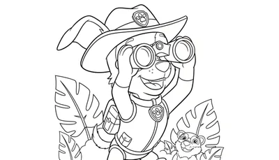 Kleurplaat van Tracker van Paw Patrol als jungle-avonturier met safarihoed en verrekijker, kijkend in de verte, omringd door tropische bladeren, met een lachende maki rechtsonder.