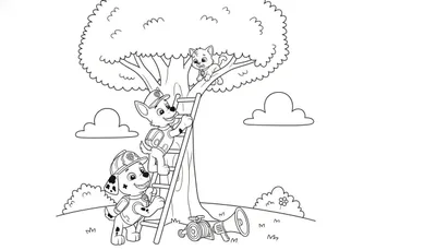 Zwart-wit Paw Patrol kleurplaat met Chase en Marshall die een angstige kat uit een boom redden met een ladder. Megaphone en brandweerslang liggen op de grond.