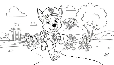 Kleurplaat van Paw Patrol met Chase die rent, gevolgd door Marshall, Rubble en Zuma. Skye vliegt erboven. Op de achtergrond een Paw Patrol hoofdkwartier, een boom en heuvels.