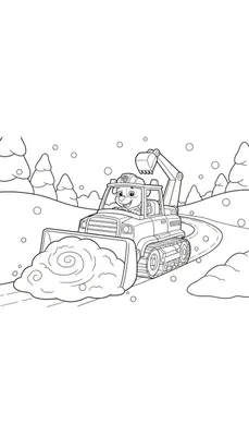 Zwart-wit kleurplaat van Paw Patrol's Rubble in een sneeuwschuiver/graafmachine met rupsbanden, sneeuw schuivend in een besneeuwd landschap met dennenbomen en sneeuwvlokken.