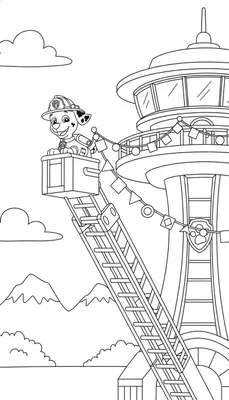 Kleurplaat van Marshall uit Paw Patrol lachend op een ladder bij een toren, met vlaggenlijn, wolken en bergen op de achtergrond.